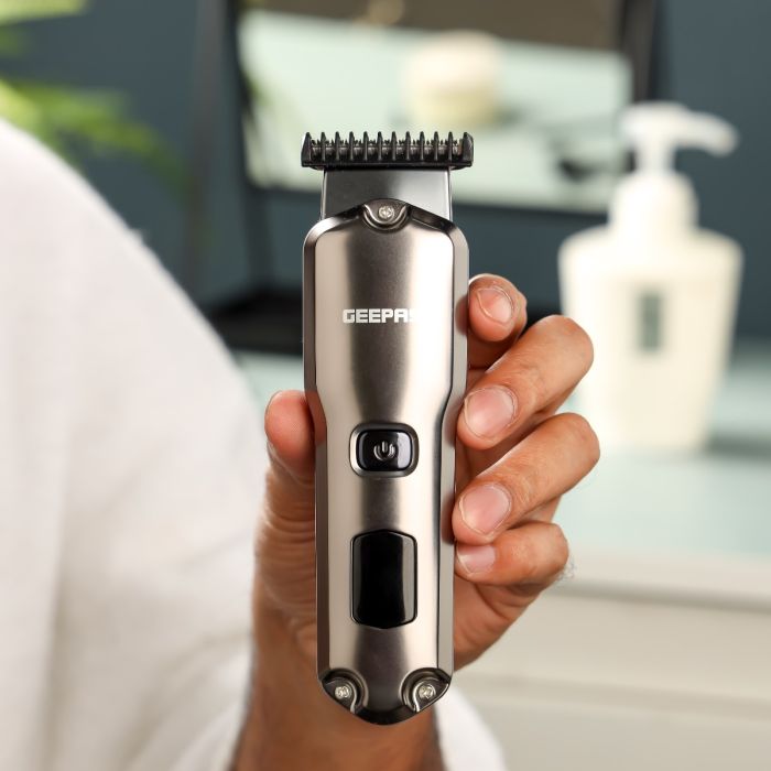 Geepas Rechargeable Hair and Beard Trimmer- GTR57508/ with High-Capacity Li-ion Battery and 180 min Working Time/ Detachable Blades and Waterproof IPX7/ LED Display, Cordless, Perfect for Home and Saloon Styling/ 2 Years Warranty, Grey
