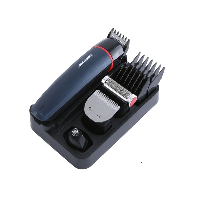 Geepas GTR8128N 7 in 1 Hair Trimmer 500mAh - Cordless Hair Clippers, Grooming Kit with Stand, LED Indicators | 5 Interchangeable Heads for Shaving, Detailing, Grooming Beards, Stubble, Nose and Body