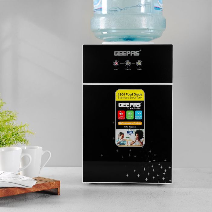 Geepas Hot And Cold Water Dispenser- GWD17033| Stainless Steel Water Tank With Fast Cooling And 2 Taps, Hot And Cold| Cold Temperature: 5-10 Degrees Celsius, Black