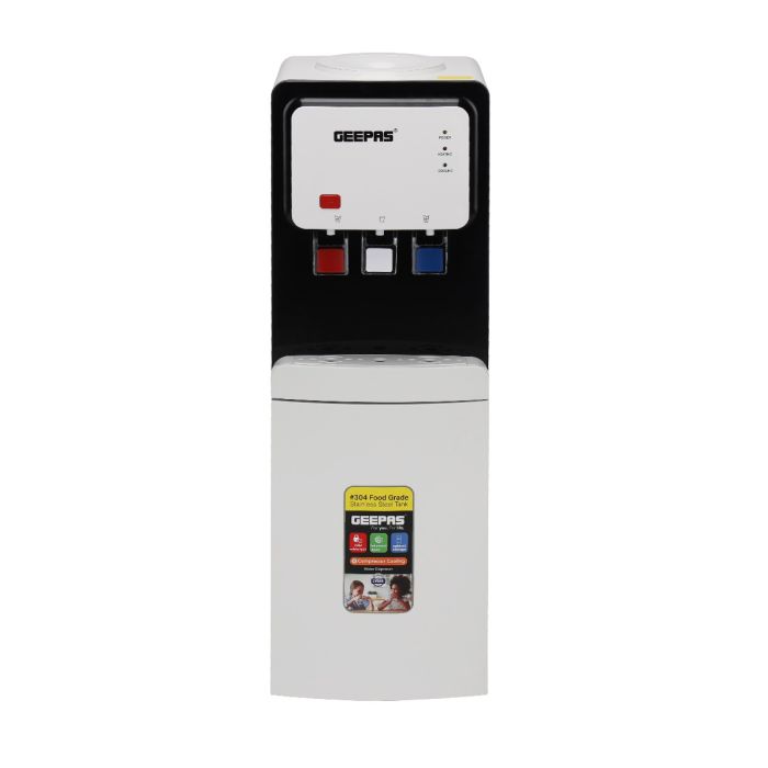 Geepas Water Dispenser- GWD17019| Compressor Cooling, Fast Cooling And 3 Taps, Normal, Hot And Cold, Perfect For Home And Office| White, 1 Year Warranty