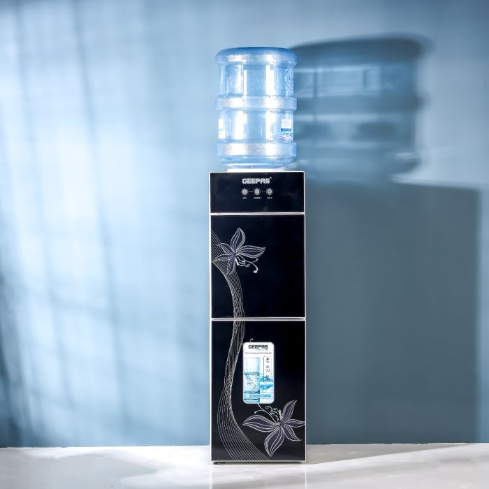 Geepas Water Dispenser with Refrigerator- GWD17023/ Hot and Cold Function, and 2 Taps, Stainless Steel Tank, 2 Glass Door/ 2.8 L/H, 1.0 L/H Capacity, with Child Safety Button, Perfect for Home, School, Apartments, Office, etc./ Black, 2 Year Warranty