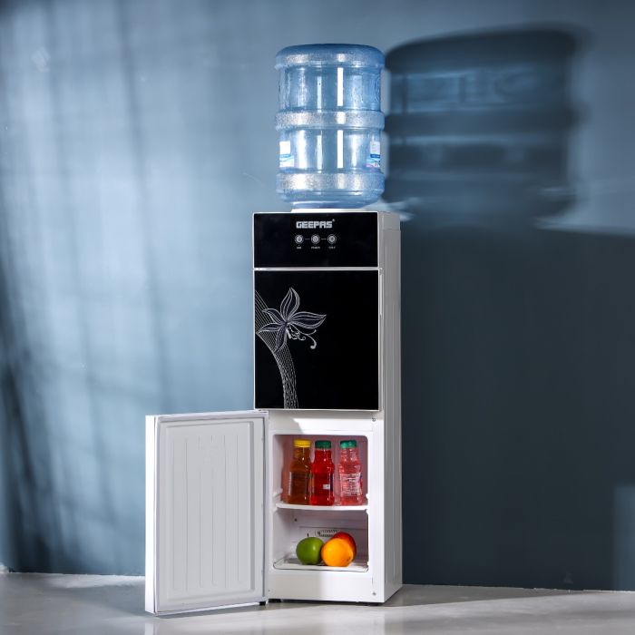 Geepas Water Dispenser with Refrigerator- GWD17023/ Hot and Cold Function, and 2 Taps, Stainless Steel Tank, 2 Glass Door/ 2.8 L/H, 1.0 L/H Capacity, with Child Safety Button, Perfect for Home, School, Apartments, Office, etc./ Black, 2 Year Warranty