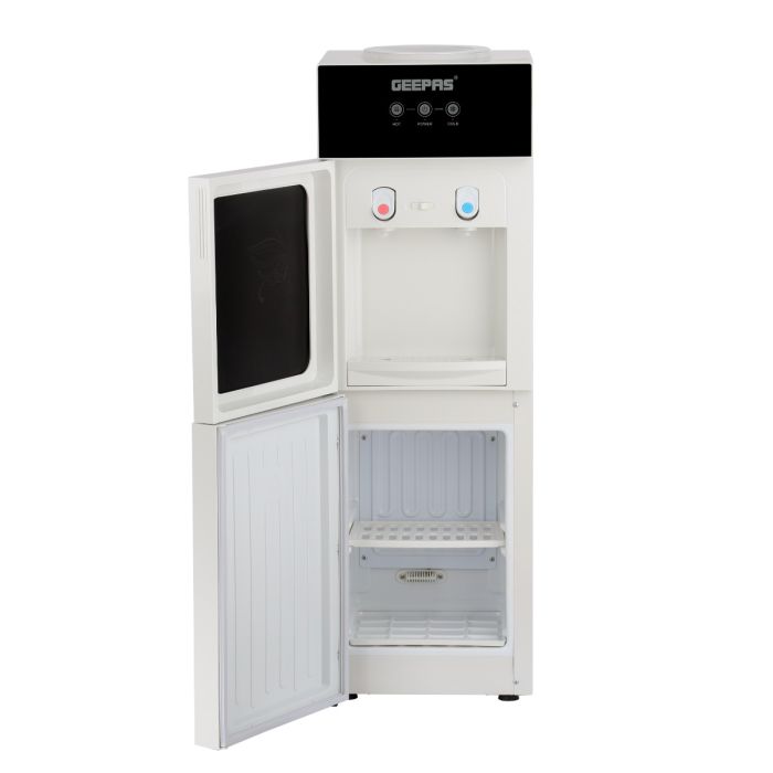 Geepas Water Dispenser with Refrigerator- GWD17023/ Hot and Cold Function, and 2 Taps, Stainless Steel Tank, 2 Glass Door/ 2.8 L/H, 1.0 L/H Capacity, with Child Safety Button, Perfect for Home, School, Apartments, Office, etc./ Black, 2 Year Warranty