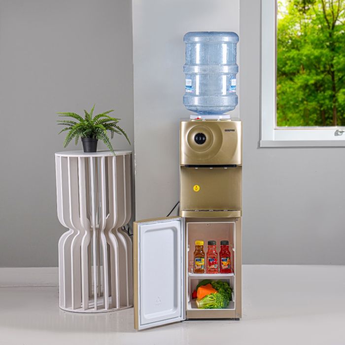 Geepas Water Dispenser with Cabinet- GWD17028/ Normal, Hot and Cold Function, and 3 Taps, Stainless Steel Pipes/ Hi-Tech Childproof Tap Design, Anti-Bacterial, Perfect for Home, School, Apartments, Office, etc./ Metallic bronze, 2 Year Warranty