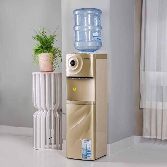 Geepas Water Dispenser with Cabinet- GWD17028/ Normal, Hot and Cold Function, and 3 Taps, Stainless Steel Pipes/ Hi-Tech Childproof Tap Design, Anti-Bacterial, Perfect for Home, School, Apartments, Office, etc./ Metallic bronze, 2 Year Warranty