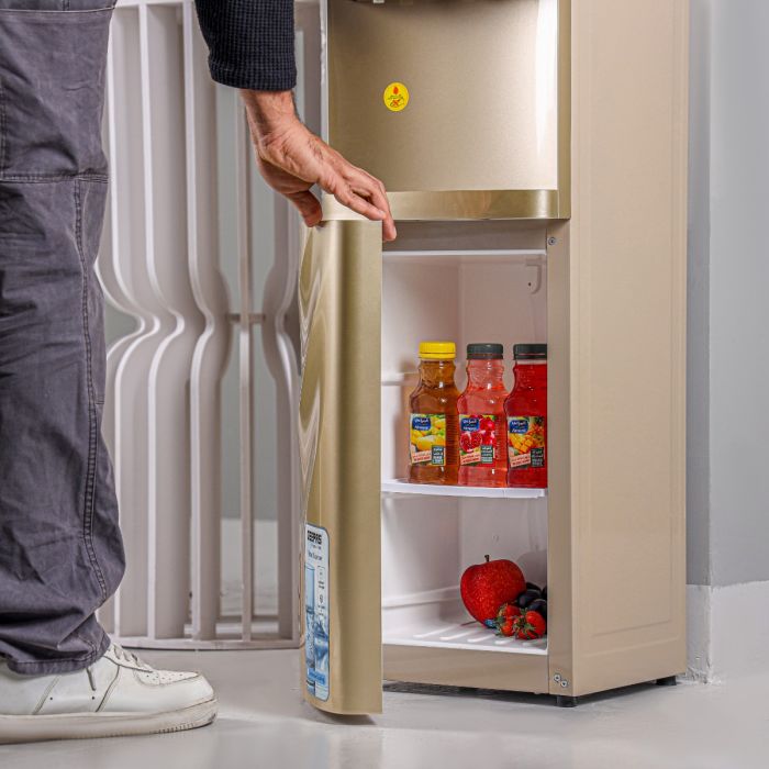 Geepas Water Dispenser with Cabinet- GWD17028/ Normal, Hot and Cold Function, and 3 Taps, Stainless Steel Pipes/ Hi-Tech Childproof Tap Design, Anti-Bacterial, Perfect for Home, School, Apartments, Office, etc./ Metallic bronze, 2 Year Warranty