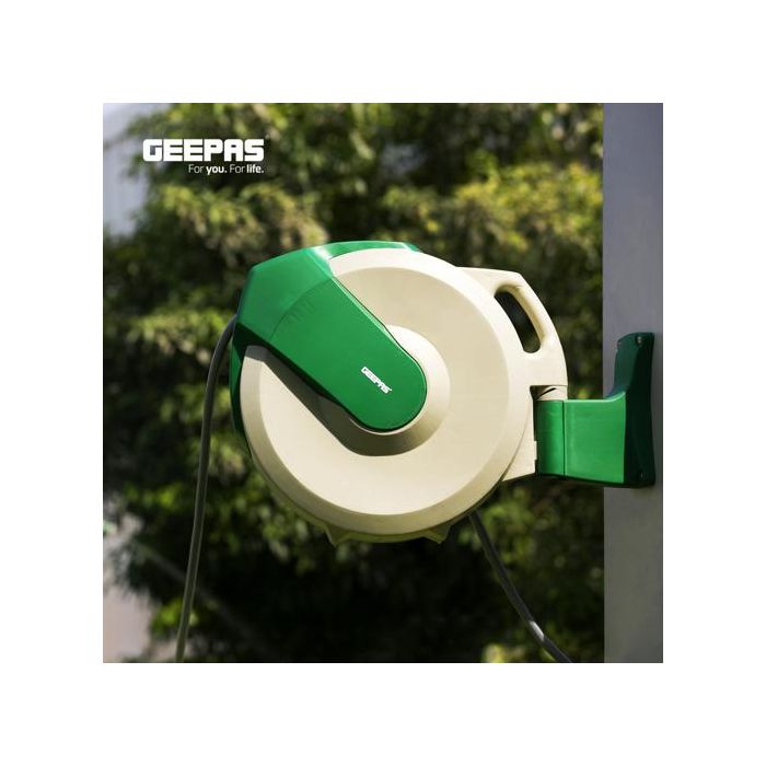 Geepas GWH59057 10M 1/2" Auto-Retracting Water Hose Reel with Level Track, Swivel Mounting Bracket, Full Set of Hand Sprays and Hose Fittings
