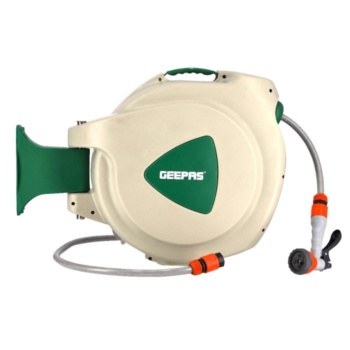 Geepas GWH59056 30M 1/2" Automatic Ready to Water Hose Reel with 180 Swivel Mounting Bracket, Lock Mechanism, Hose Fitting, Adjustable Hose Stop and More