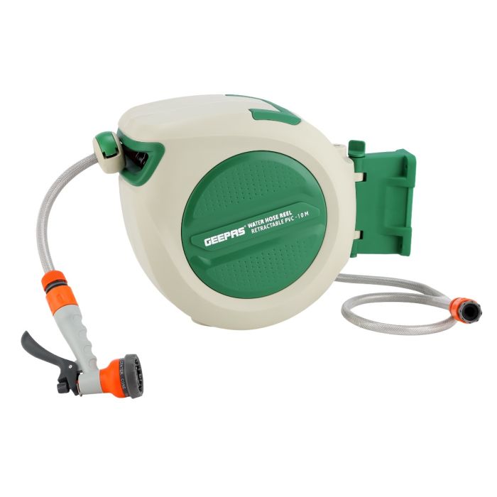 Geepas 10 M Auto Hose Reel- GWH59267| Stop Anywhere Lock Mechanism and Auto Retract Hose Reel| 180-Degrees Swivel Mount Bracket with Full Set Hand Spray and Hose Settings for Gardening| " Hose Diameter| 2 Years Warranty| White and Green