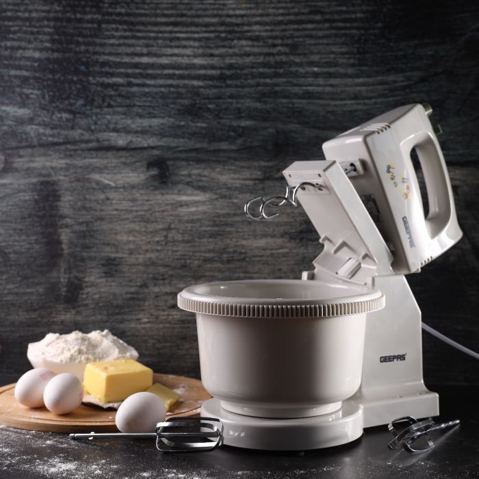 Geepas 200W Hand Mixer with Stand & Bowl | 5 Speed Controls |Detachable Stainless-Steel 2 Beater & 2 Dough Hooks |Ideal for Whipping, Blending & Beating| 2 Years Warranty
