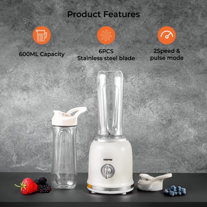 Geepas Personal Blender- GSB44113/ 300W/ 2 BPA-Free Tritan Bottles/ 600 ML/ Transparent & Unbreakable Bottles with Stainless Steel Blade/  2 Years Warranty, White