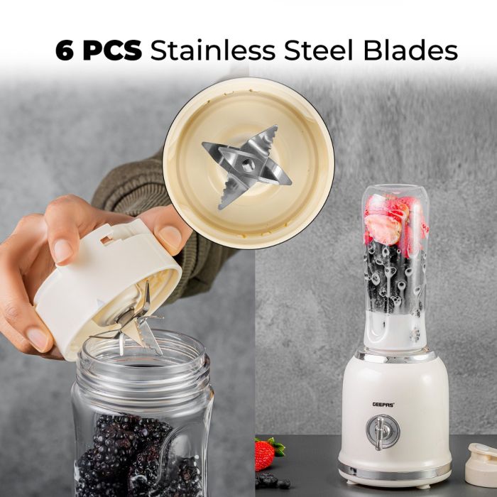 Geepas Personal Blender- GSB44113/ 300W/ 2 BPA-Free Tritan Bottles/ 600 ML/ Transparent & Unbreakable Bottles with Stainless Steel Blade/  2 Years Warranty, White