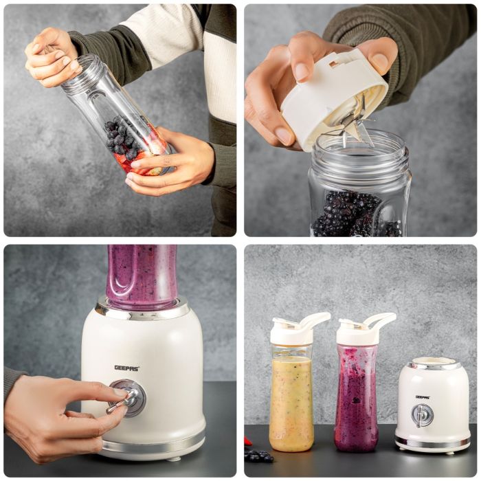 Geepas Personal Blender- GSB44113/ 300W/ 2 BPA-Free Tritan Bottles/ 600 ML/ Transparent & Unbreakable Bottles with Stainless Steel Blade/  2 Years Warranty, White