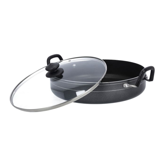 Royalford RF10007 32CM Nonstick Shallow Pot Glass Lid 1X8 - Dupont Non-stick Interior| Spiral Bottom for Even Heat Distribution| Ideal for frying, sauting, braising