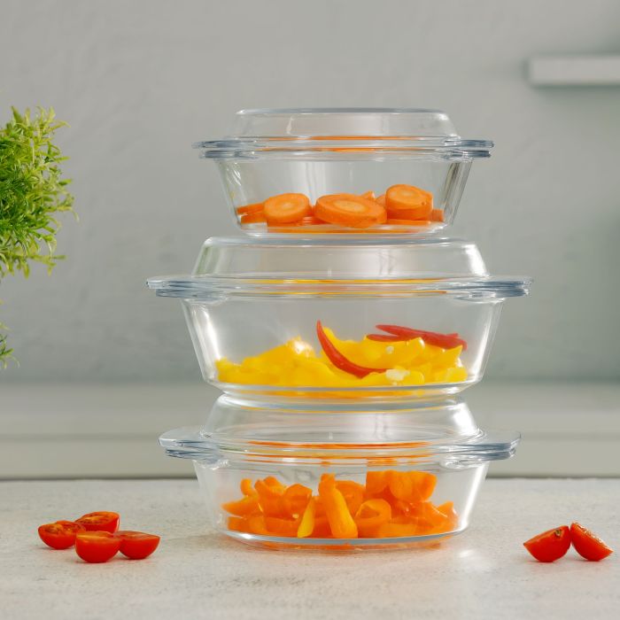 3Pcs Glass Casserole Set, Borosilicate Glass, RF10270 | High Thermal Shock-Resistant Container | Casserole with Lid | Microwave, Electric Oven, Freezer and Dishwasher Safe