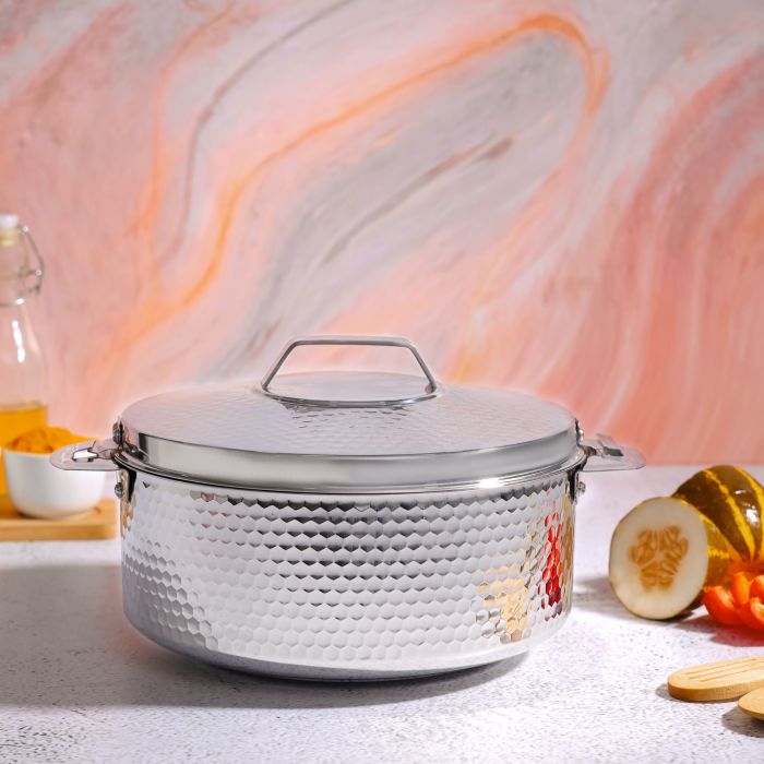 Reeva Hammered Double Wall Stainless Steel Hot Pot, RF10536 | Firm Twist Lock | Strong Handles | Steel Serving Pot, Chapati Storage Box, Roti Serving Pot, Chapati Dabba