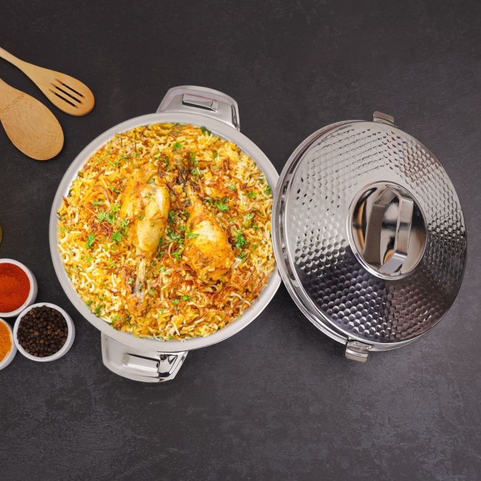 Reeva Hammered Double Wall Stainless Steel Hot Pot, RF10536 | Firm Twist Lock | Strong Handles | Steel Serving Pot, Chapati Storage Box, Roti Serving Pot, Chapati Dabba