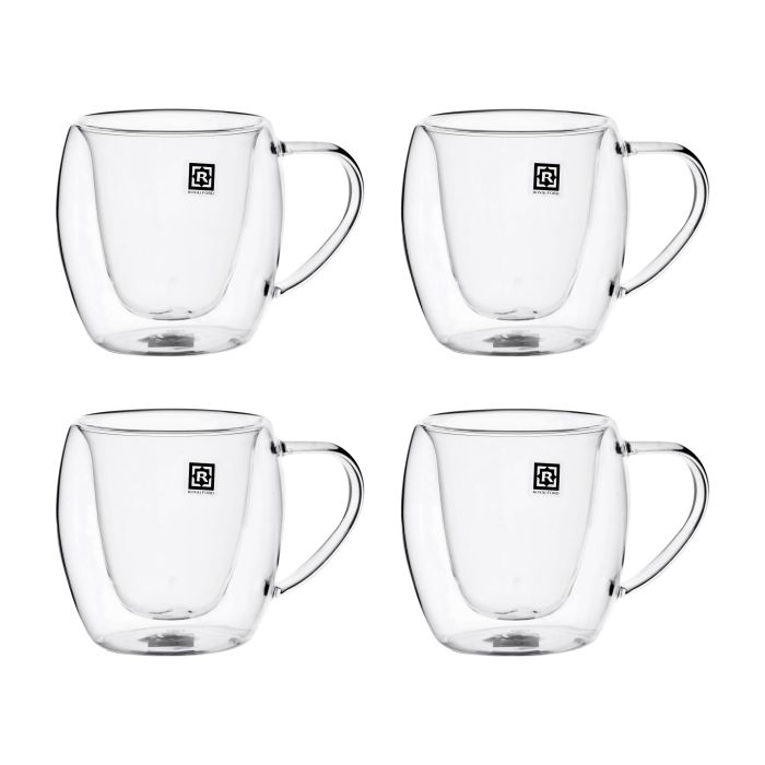 Double Wall Mug Set, 80ml Borosilicate Glass Cup, RF10570 | 4pcs Clear Glass Coffee Cups | Insulated Coffee Glass, Cappuccino Cups, Tea Cups, Latte Cups, Beverage Glasses