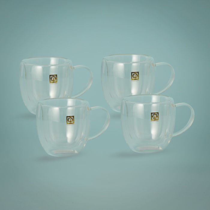 Double Wall Mug Set, 80ml Borosilicate Glass Cup, RF10570 | 4pcs Clear Glass Coffee Cups | Insulated Coffee Glass, Cappuccino Cups, Tea Cups, Latte Cups, Beverage Glasses