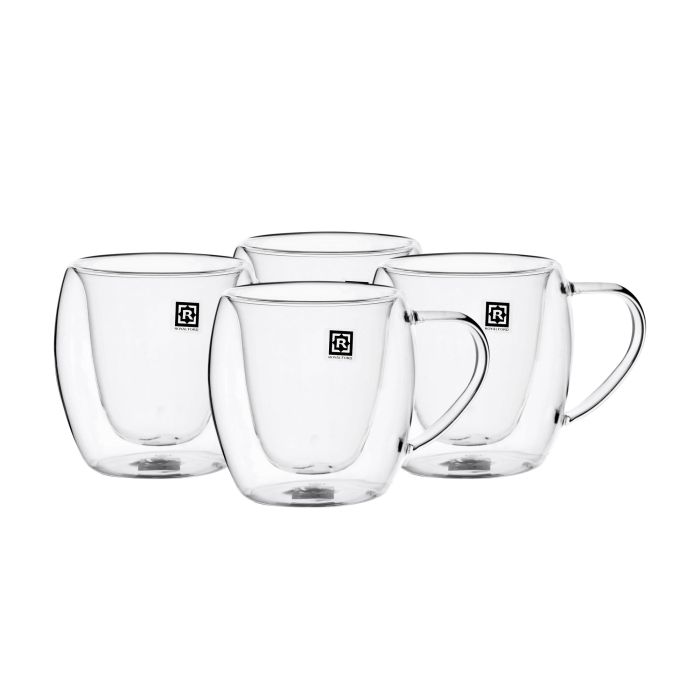 Double Wall Mug Set, 80ml Borosilicate Glass Cup, RF10570 | 4pcs Clear Glass Coffee Cups | Insulated Coffee Glass, Cappuccino Cups, Tea Cups, Latte Cups, Beverage Glasses