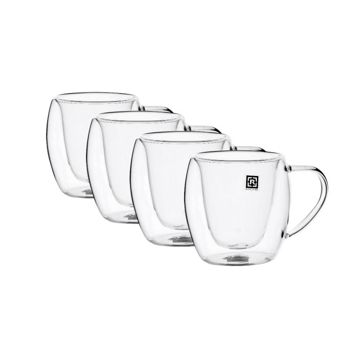Double Wall Mug Set, 80ml Borosilicate Glass Cup, RF10570 | 4pcs Clear Glass Coffee Cups | Insulated Coffee Glass, Cappuccino Cups, Tea Cups, Latte Cups, Beverage Glasses