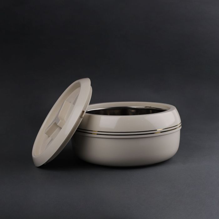 Royalford Zoria Insulated 3000ml Casserole- RF11031| PP Body with Stainless Steel Inner Casting| BPA-Free| Easy to Carry| Firm Twist Lock| Casserole with Lid| Elegant and Unique Design| Super PU Insulation| Hassle-Free| Ivory and Gold
