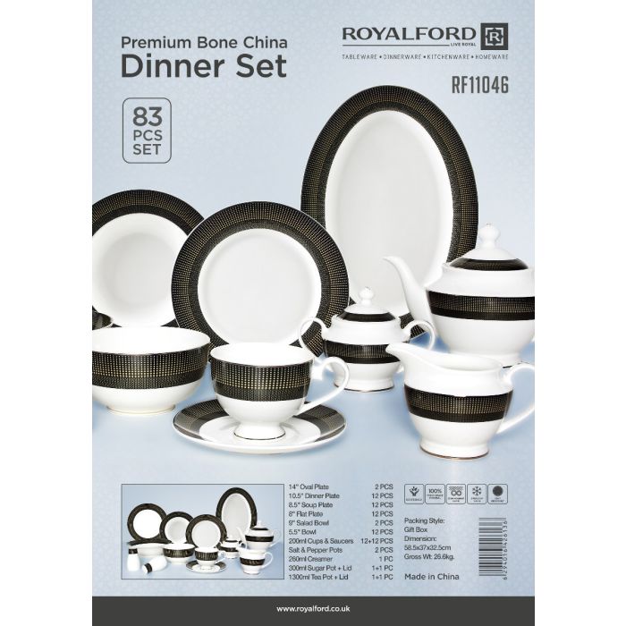 Premium Bone China Dinner Set, 83 Pcs Set, RF11046 | Elegant Floral Design | Dishwasher Safe | Freezer Safe | Bone China Chin Resistant Dishes Sets Service for 12