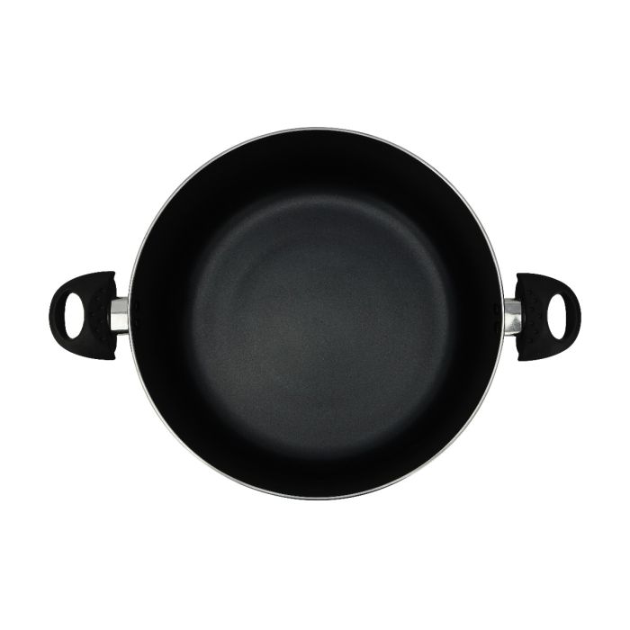 Royalford Aluminum Casserole- RF11195| Non-Stick Aluminum Cookware| Dot Induction Base| Compatible with Hot Plate, Halogen, Gas and Induction Cooktops| 20cm| 3mm Thickness and Strong Bakelite Handles and Knob| Tempered Glass Lid| Black| One-Piece