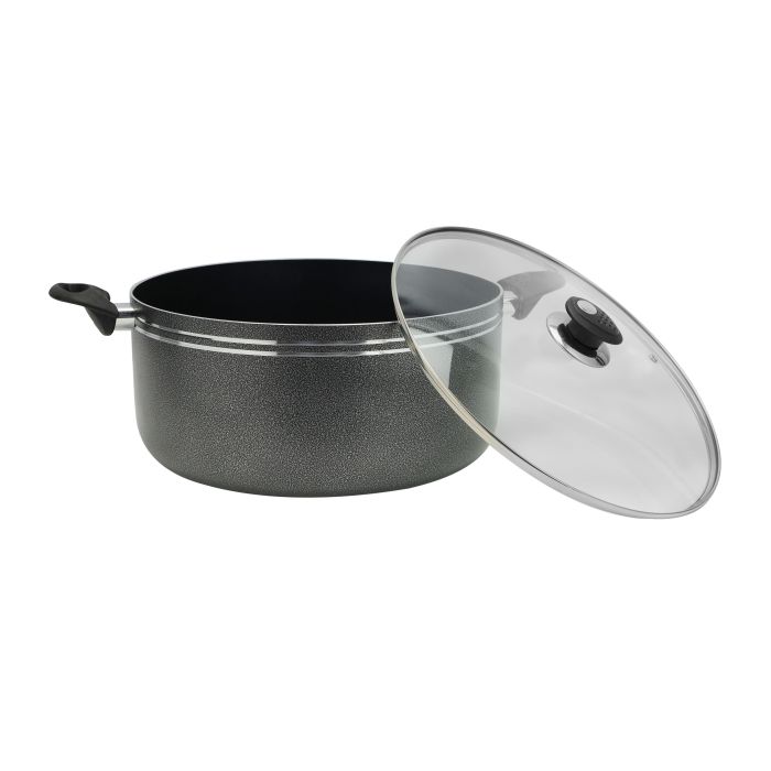 Royalford 22 CM Aluminum Casserole- RF11196| Non-Stick Aluminium Cookware| Dot Induction Base| Compatible with Hot Plate, Halogen, Gas and Induction Cooktops| 3mm Thickness and Strong Bakelite Handles and Knob| Tempered Glass Lid| Black| One-Piece