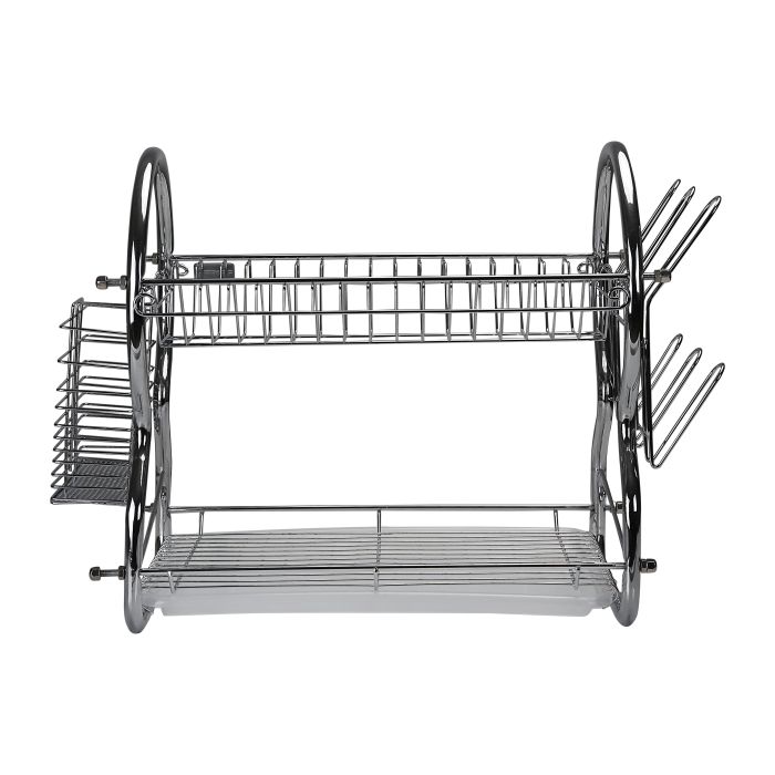 2 -Tier Stainless Steel Dish Drainer Rack - Utensil Holder, Drying Rack, with Plastic Trays & Organization Shelf - Compact, Durable & Easy to Assemble