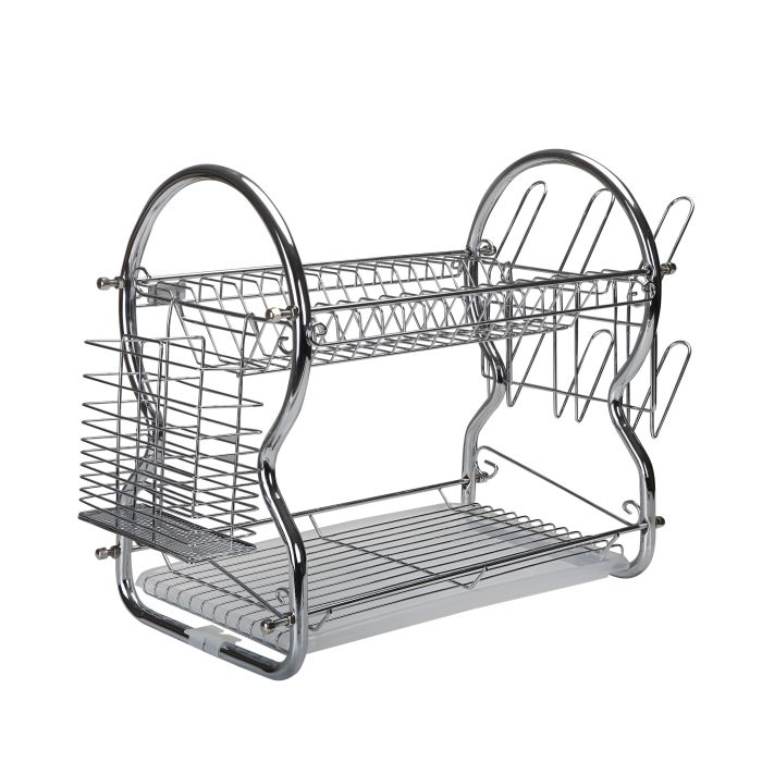 2 -Tier Stainless Steel Dish Drainer Rack - Utensil Holder, Drying Rack, with Plastic Trays & Organization Shelf - Compact, Durable & Easy to Assemble