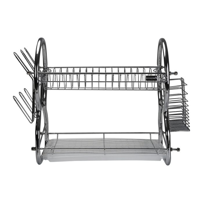 2 -Tier Stainless Steel Dish Drainer Rack - Utensil Holder, Drying Rack, with Plastic Trays & Organization Shelf - Compact, Durable & Easy to Assemble