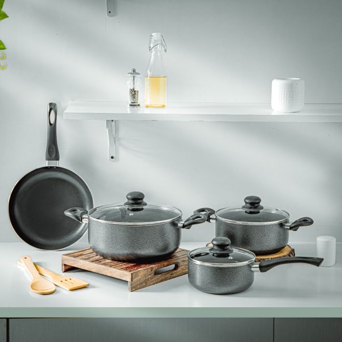 Royalford 9-Piece Non-Stick Cookware Set- RF11642| Aluminum Body With 3-Layer Construction, Includes Casserole, Saucepan, Fry Pan, Bamboo Kitchen Tools