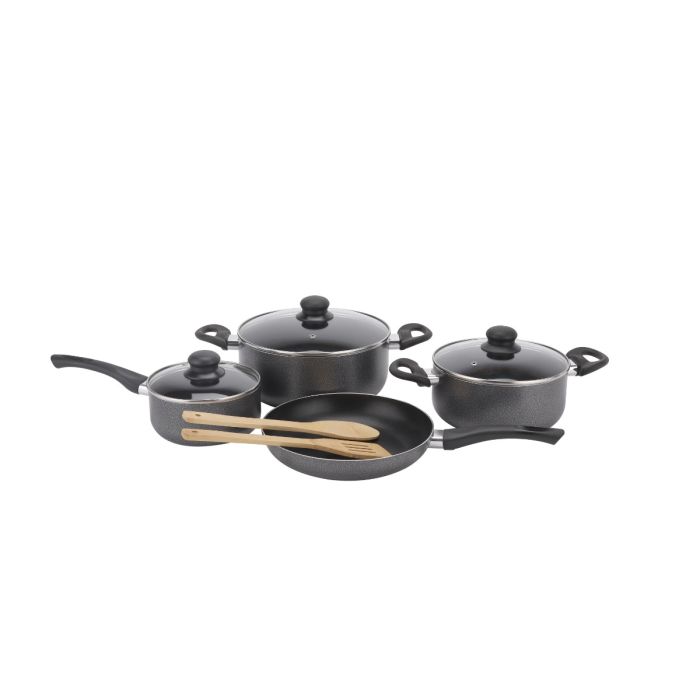 Royalford 9-Piece Non-Stick Cookware Set- RF11642| Aluminum Body With 3-Layer Construction, Includes Casserole, Saucepan, Fry Pan, Bamboo Kitchen Tools