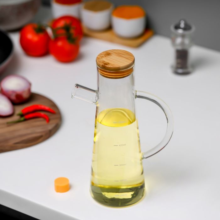 Royalford 600 ML Glass Oil Bottle- RF11930| Transparent Oil Dispenser, Perfect for Dispensing Oil, Vinegar, Olive Oil, Spices, Etc.| With Handle, Wooden Lid and Pouring Spout| Clear
