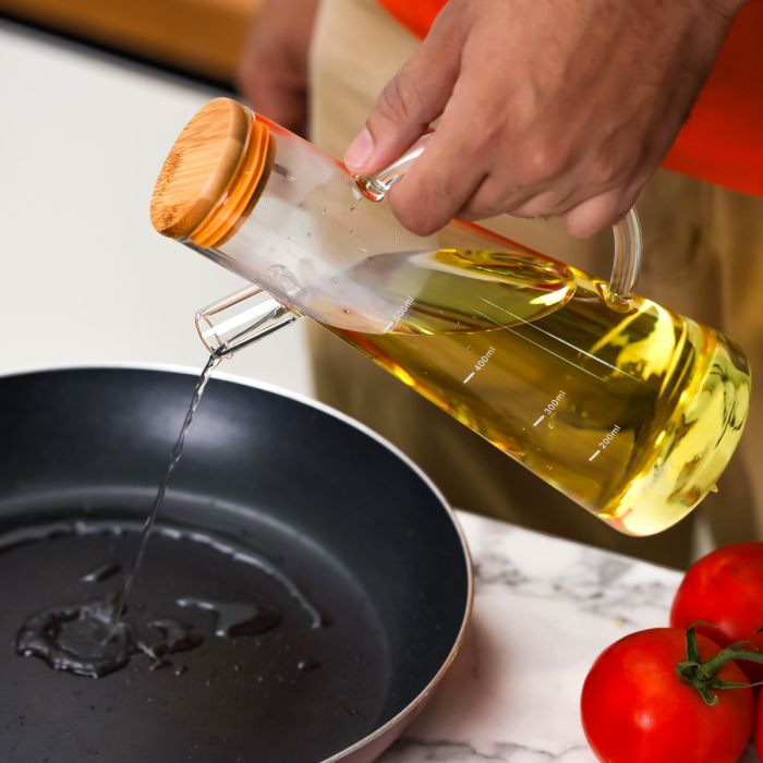 Royalford 600 ML Glass Oil Bottle- RF11930| Transparent Oil Dispenser, Perfect for Dispensing Oil, Vinegar, Olive Oil, Spices, Etc.| With Handle, Wooden Lid and Pouring Spout| Clear