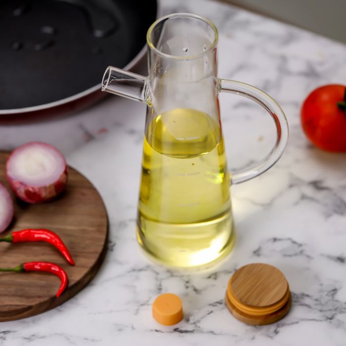 Royalford 600 ML Glass Oil Bottle- RF11930| Transparent Oil Dispenser, Perfect for Dispensing Oil, Vinegar, Olive Oil, Spices, Etc.| With Handle, Wooden Lid and Pouring Spout| Clear