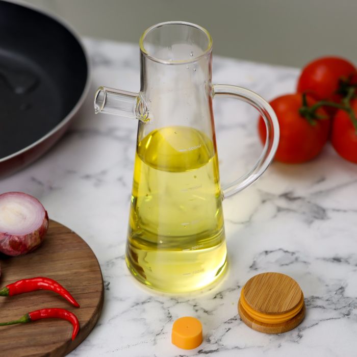 Royalford 600 ML Glass Oil Bottle- RF11930| Transparent Oil Dispenser, Perfect for Dispensing Oil, Vinegar, Olive Oil, Spices, Etc.| With Handle, Wooden Lid and Pouring Spout| Clear
