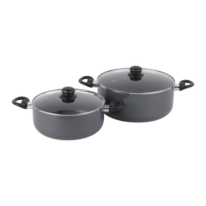 Royalford 10 Piece Non-Stick Cookware Set- RF11972| Press Aluminum Body with 3 Layer Coating | CD Base, Bakelite Handles and Tempered Glass Lid, Gray