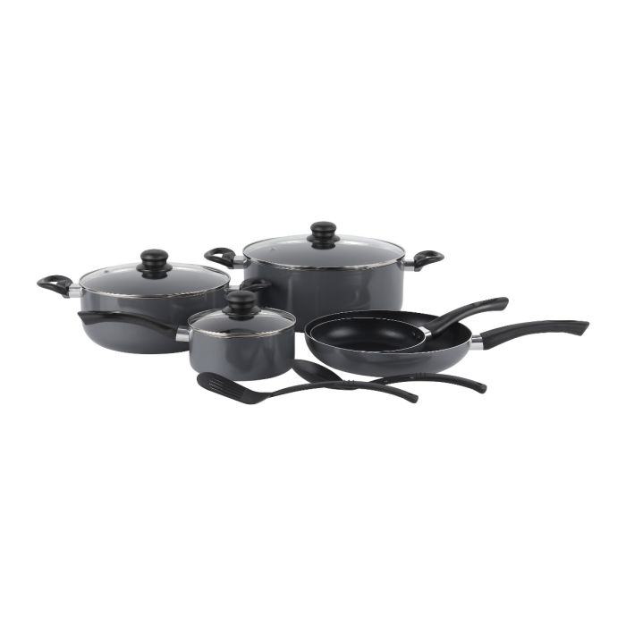 Royalford 10 Piece Non-Stick Cookware Set- RF11972| Press Aluminum Body with 3 Layer Coating | CD Base, Bakelite Handles and Tempered Glass Lid, Gray