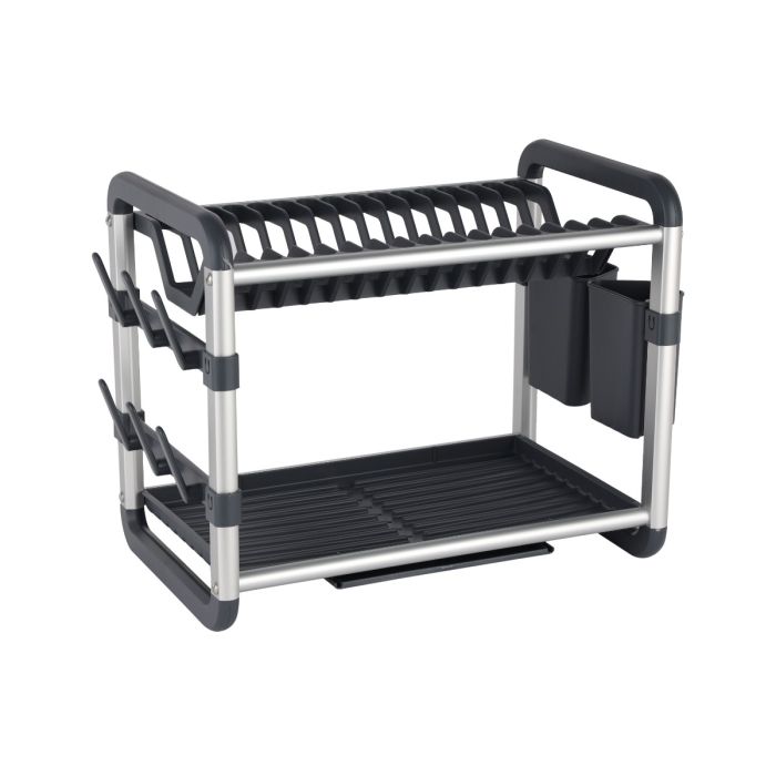 Royalford 2 layer Aluminum Dish Rack- RF12178/ Organizer for Kitchen to Keep 16 Plates, Bowls, Glasses, Cups, Cutlery/ Drying Stand with a Drain Tray, Compact and Stylish Design/ Rust-Proof and Hassle-Free Finish/ Black and Silver