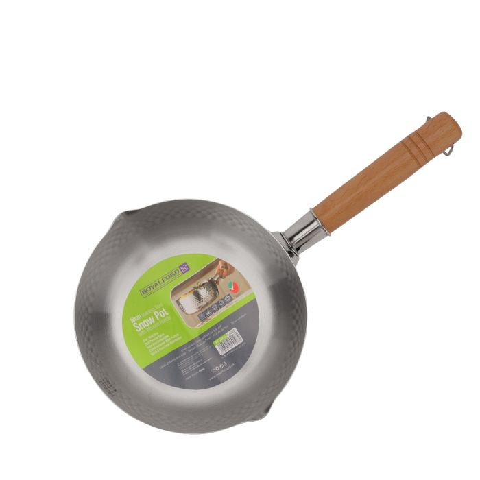 Royalford 18 CM Stainless Steel Snow Pot- RF12260| Stylish Design with Hammered Mesh Pattern and Wooden Handle| Saucepan Perfect for Making Sauces, Reducing, Browning, Sauting, Etc., Induction Compatible | Silver
