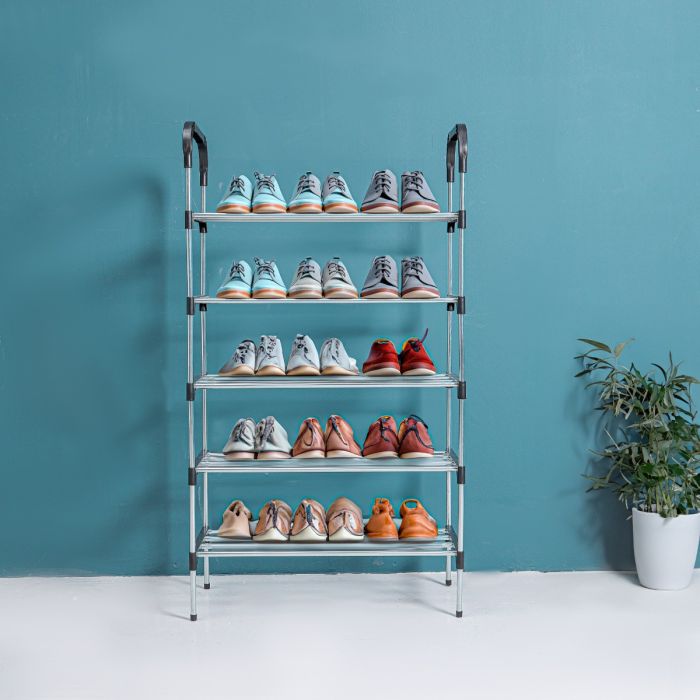Royalford 5 Tier Shoe Rack- RF12422/ Multi-Purpose Storage Stand for Slipper, Sandals, Shoes/ Free Standing Organizer for Home, Office, Living Room and Kitchen/ Heavy-Duty, Rectangular Stand, Compact Design/ Black and Silver