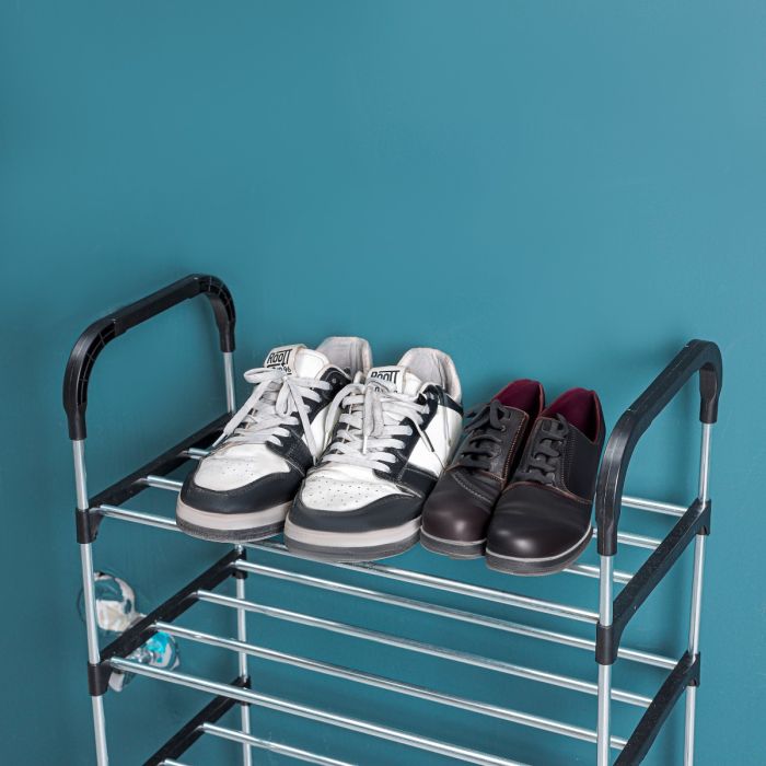 Royalford 5 Tier Shoe Rack- RF12422/ Multi-Purpose Storage Stand for Slipper, Sandals, Shoes/ Free Standing Organizer for Home, Office, Living Room and Kitchen/ Heavy-Duty, Rectangular Stand, Compact Design/ Black and Silver