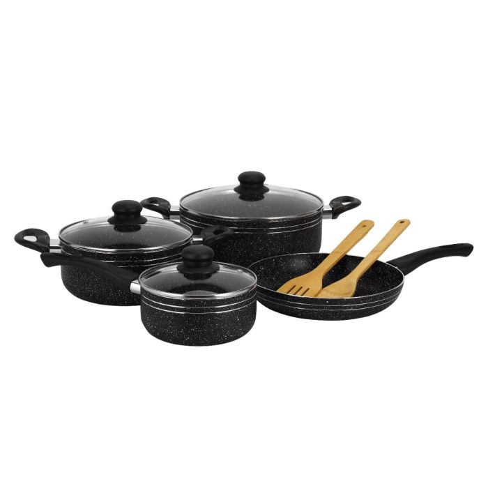 Royalford 9-piece Ritz Plus Cookware Set- RF12514/ Marble Coated and Press Aluminum Body, Includes Casseroles, Saucepan, Bamboo Kitchen Tools and Fry Pan/ Black