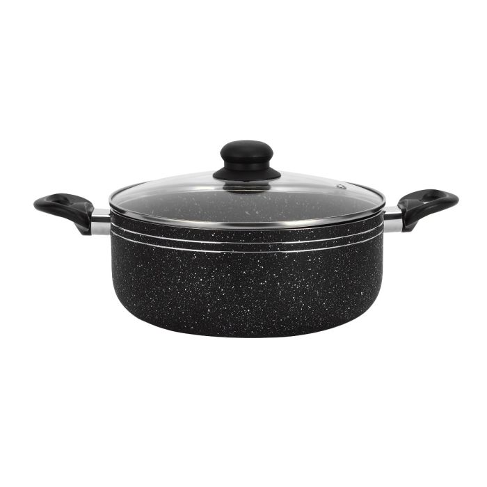 Royalford 9-piece Ritz Plus Cookware Set- RF12514/ Marble Coated and Press Aluminum Body, Includes Casseroles, Saucepan, Bamboo Kitchen Tools and Fry Pan/ Black
