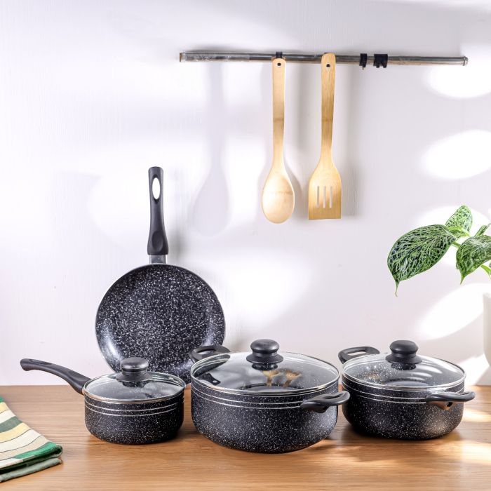 Royalford 9-piece Ritz Plus Cookware Set- RF12514/ Marble Coated and Press Aluminum Body, Includes Casseroles, Saucepan, Bamboo Kitchen Tools and Fry Pan/ Black