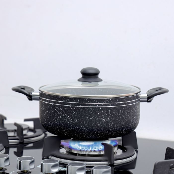 Royalford 9-piece Ritz Plus Cookware Set- RF12514/ Marble Coated and Press Aluminum Body, Includes Casseroles, Saucepan, Bamboo Kitchen Tools and Fry Pan/ Black