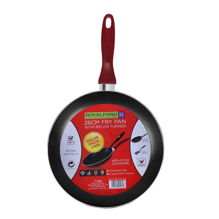 Royalford RF1758 -FPT26 2 Pcs Non-Stick Frying Pan 26cm with Nylon Turner - Non -Stick 2 Layer 2.5mm Thick | Frying Pan Deluxe Value Set, Fry Pan with Turner Included | Compatible With Multiple Hob