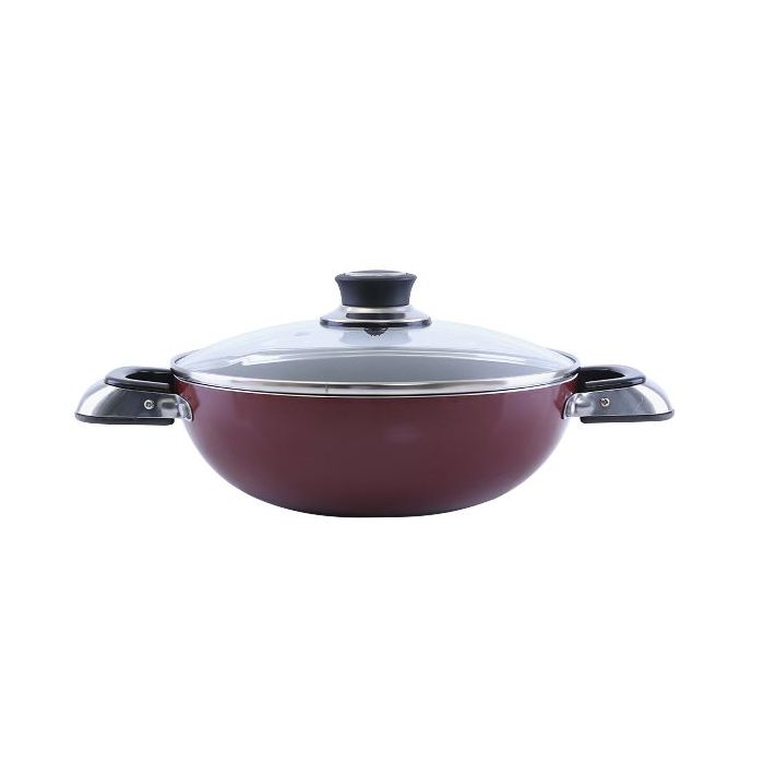 Royalford RF2947 Aluminium Wok Pan with Glass Lid, 22 CM - Induction Safe Frying Pan with Durable Non-Stick Granite Coating | Dishwasher Safe |Glass Lid & Heat-Resistant Handles - Cookware Casserole Pan